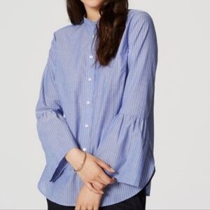 Loft Blue Tie Cuff Bell Sleeve Button Down Pinstripe Hi Low Hem Blouse W…